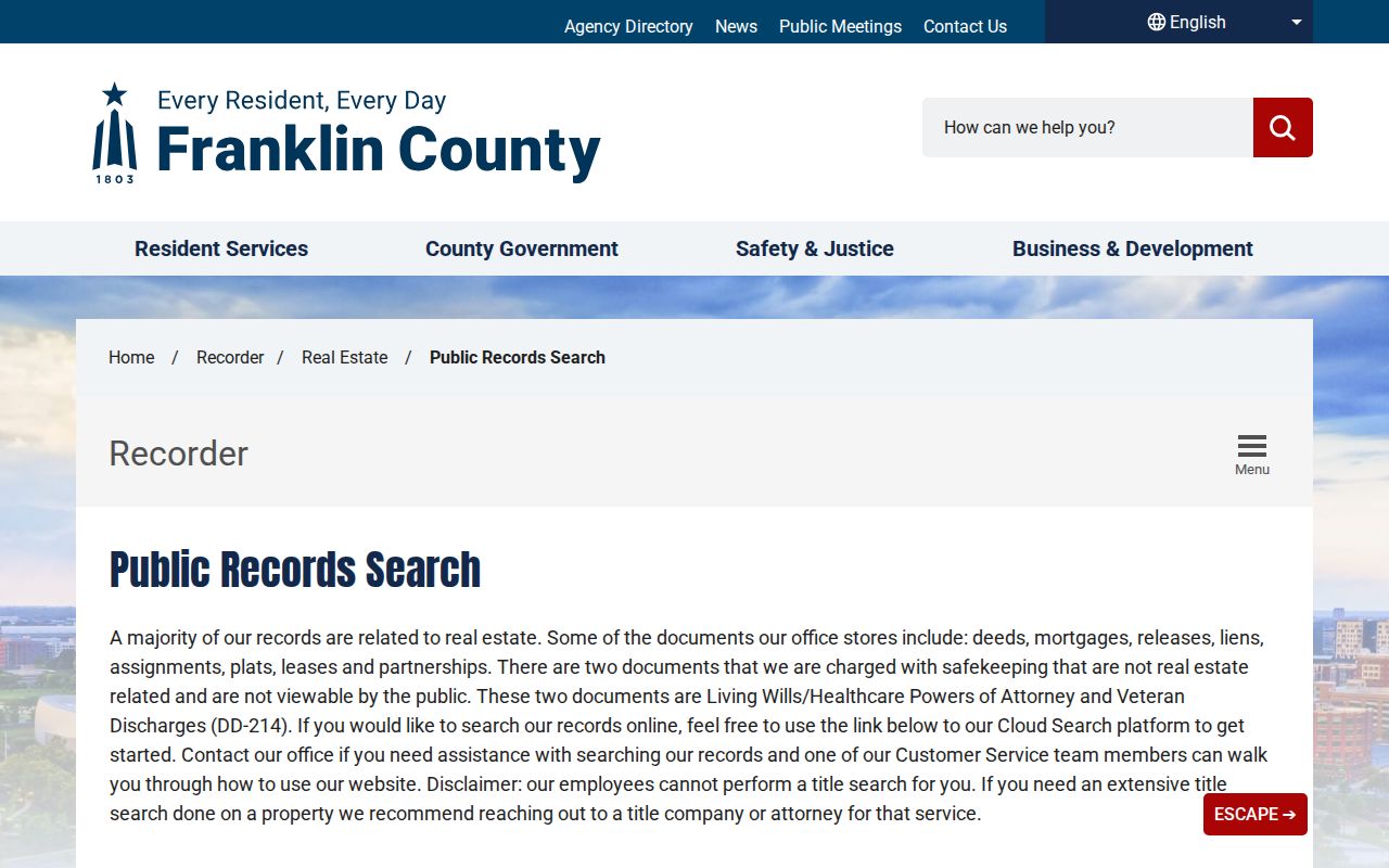 Mifflin Township residents directory Franklin County Recorder search
