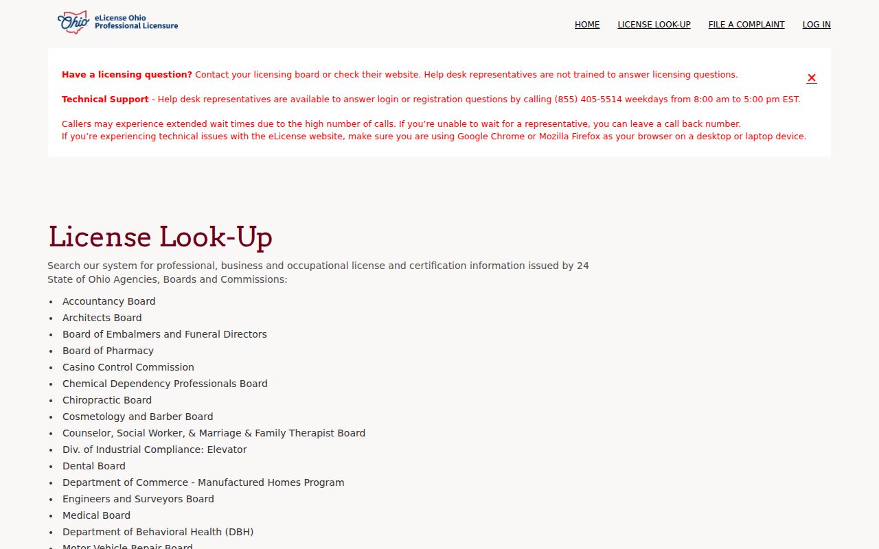 Mifflin Township resident lookup through Ohio eLicense verification