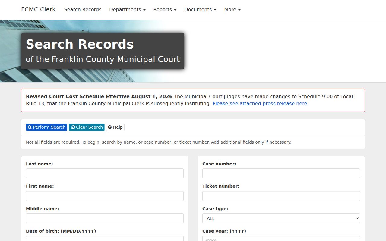 Mifflin Township resident lookup on the Franklin County Municipal Court case search