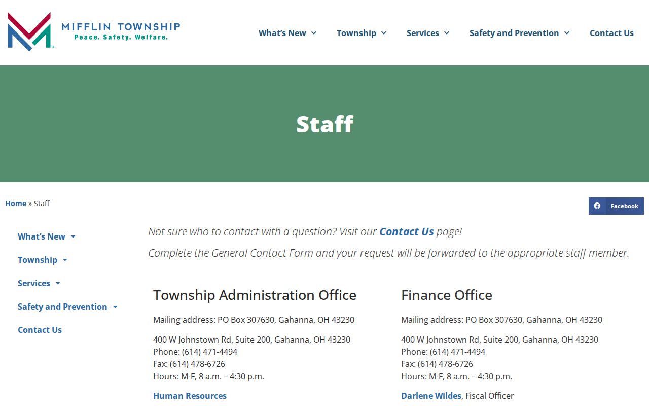 Mifflin Township street directory source showing the Township staff directory