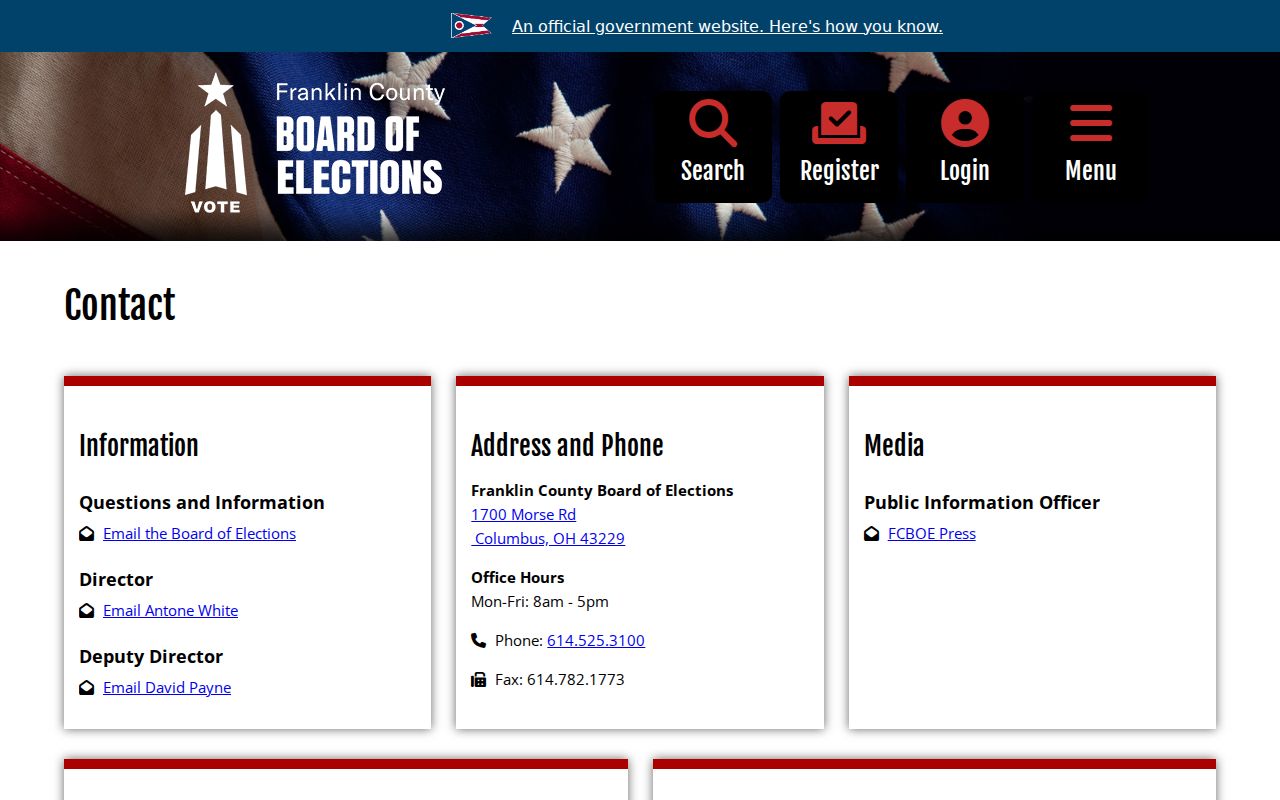Mifflin Township ZIP code directory source showing Franklin County Board of Elections contact information